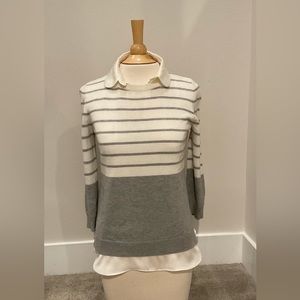 Ann Taylor Petites Layered Wool Blend Gray/Ivory Striped Sweater With Blouse SP